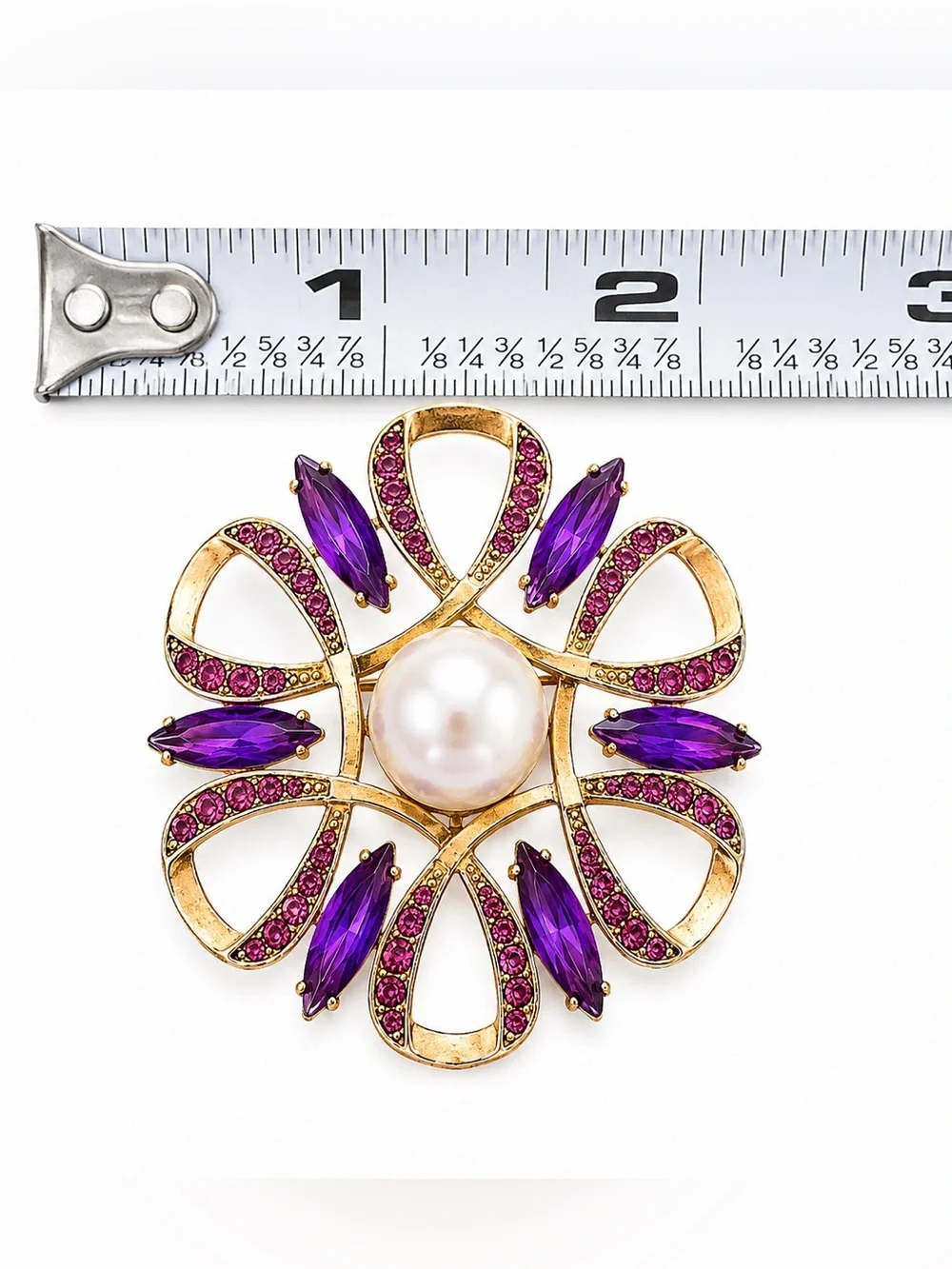 Gold Tone Faux Pearl & Purple‎ Rhinestone Statement Brooch NEW. VTG Style